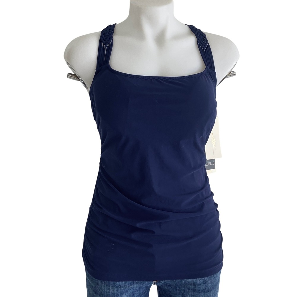 Profile by Gottex Navy Blue Macrame Racerback Tankini Top 36D Ruched Swim E1D37